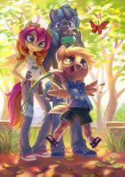 Size: 2894x4093 | Tagged: safe, artist:holivi, oc, oc only, oc:ketika, oc:munkari, butterfly, pegasus, anthro, g4, anthro oc, belt, cellphone, clothes, commission, converse, family, goggles, hand on hip, open mouth, pants, phone, shirt, shoes, shorts, sneakers, tree