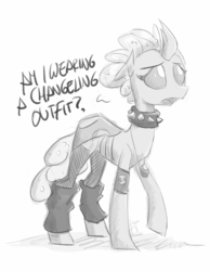 Size: 1626x2094 | Tagged: safe, artist:flutterthrash, ocellus, changedling, changeling, g4, choker, clothes, dialogue, monochrome, open mouth, punk, punkellus, wristband