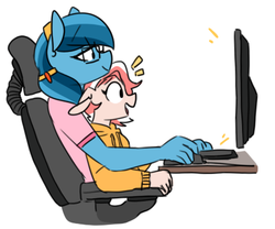 Size: 458x381 | Tagged: safe, artist:redxbacon, oc, oc only, oc:coral, oc:historia, anthro, anthro oc, chair, clothes, computer, floppy ears, glasses, open mouth, shirt, simple background, smiling, sweater, white background