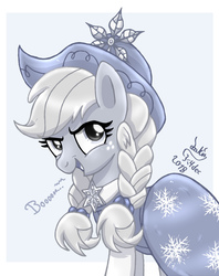 Size: 1130x1430 | Tagged: safe, artist:joakaha, applejack, spirit of hearth's warming past, earth pony, ghost, pony, a hearth's warming tail, g4, alternate hairstyle, braid, clothes, dress, female, hat, open mouth, signature, simple background, white background