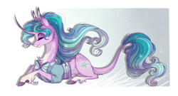 Size: 3378x1819 | Tagged: safe, artist:marbola, mistmane, classical unicorn, pony, unicorn, g4, abstract background, clothes, cloven hooves, curved horn, eyes closed, female, horn, leonine tail, mare, pale belly, prone, shirt, smiling, solo, unshorn fetlocks