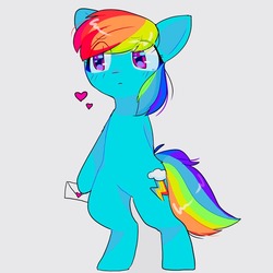 Size: 1280x1280 | Tagged: safe, artist:koiisu, rainbow dash, pegasus, pony, g4, bipedal, blushing, female, heart, letter, solo