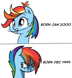 Size: 1768x1895 | Tagged: safe, artist:artiks, rainbow dash, pegasus, pony, g4, 1999, 2000, 2000s, alternate hairstyle, angry, braces, bust, comparison, ear fluff, edgy, eye scar, female, frown, glare, grin, looking up, mare, meme, messy mane, scar, simple background, smiling, solo, squee, text, white background, y2k