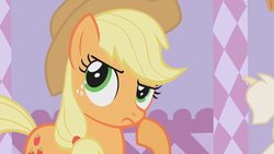 Size: 1280x720 | Tagged: safe, screencap, applejack, earth pony, pony, g4, suited for success, applejack's hat, carousel boutique, cowboy hat, female, hat, hmm, mare, solo, stetson
