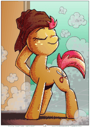 Size: 706x1000 | Tagged: safe, artist:whateverbender, babs seed, earth pony, pony, comic:flock together birthday, g4, animated, comic, dripping, drunker babs, explicit source, female, foal, frame by frame, gif, older, one-panel comic, solo, squigglevision, steam, texture dither, towel, wet, wet mane