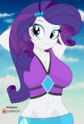 Size: 3125x4584 | Tagged: safe, artist:raydonxd, rarity, equestria girls, equestria girls series, arm behind head, armpits, belly button, big breasts, bikini babe, breasts, busty rarity, cleavage, clothes, female, looking at you, midriff, patreon, patreon logo, solo, stupid sexy rarity, swimsuit