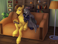 Size: 4000x3000 | Tagged: safe, artist:yaru, artist:yarugreat, oc, oc only, oc:radiant star, oc:rune riddle, earth pony, pegasus, pony, book, bookshelf, commission, couch, digital art, female, high res, lamp, male, mare, painting, plant, reading, runestar, shelf, shipping, signature, stallion, straight, ych result