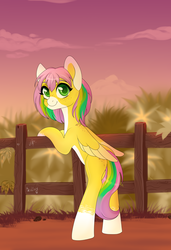 Size: 3424x5000 | Tagged: safe, artist:bestiary, oc, oc only, pegasus, pony, absurd resolution, blurry background, digital art, female, fence, folded wings, looking at you, looking back, looking back at you, mare, multicolored hair, multicolored mane, multicolored tail, signature, smiling, solo, wings, ych result