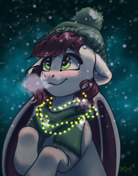Size: 1958x2500 | Tagged: safe, artist:amishy, oc, oc only, oc:slumber tea, bat pony, pony, beanie, blushing, clothes, digital art, female, floppy ears, freckles, hat, high res, lights, looking up, mare, red hair, red mane, red tail, scarf, signature, smiling, snow, solo, winter, ych result