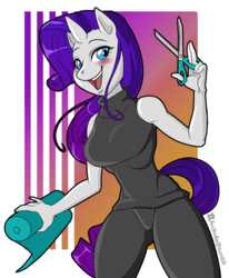 Size: 818x995 | Tagged: safe, artist:archvile, rarity, unicorn, anthro, g4, female, open mouth, scissors, smiling
