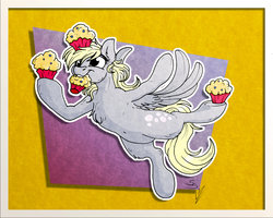 Size: 2738x2190 | Tagged: safe, artist:lupiarts, artist:snoopystallion, derpy hooves, pony, g4, balancing, collaboration, comic sins, dancing, digital art, female, food, happy, high res, muffin, solo, traditional art