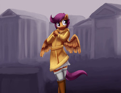 Size: 1280x989 | Tagged: safe, artist:warskunk, scootaloo, pegasus, anthro, g4, boots, clothes, coat, female, hoodie, miniskirt, shoes, skirt, skirtaloo, socks, solo, thigh highs