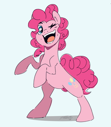 Size: 2100x2408 | Tagged: safe, artist:nolycs, pinkie pie, pony, g4, bipedal, blue background, female, high res, looking at you, mare, one eye closed, open mouth, signature, simple background, solo, wink