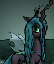 Size: 806x941 | Tagged: safe, artist:warskunk, queen chrysalis, changeling, changeling queen, g4, colored sketch, crown, female, jewelry, looking at you, regalia, simple background, solo