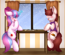 Size: 2400x2023 | Tagged: safe, artist:adostume, oc, oc only, oc:graph travel, oc:strawberry sunshine, pegasus, pony, unicorn, bow, chess, duo, female, floppy ears, freckles, glasses, happy, high res, laughing, magic, mare, mother and daughter, snow, snowfall, teenager, telekinesis, window, winter