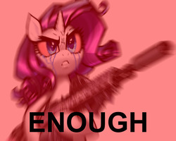 Size: 2668x2138 | Tagged: safe, artist:vombavr, edit, rarity, pony, g4, bipedal, caption, crying, delet this, female, gun, high res, holographic sight, image macro, m14, meme, reaction image, rifle, solo, suppressor, text, weapon