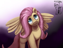 Size: 1280x989 | Tagged: safe, artist:warskunk, fluttershy, pegasus, pony, g4, female, gradient background, head tilt, looking away, looking up, mare, solo, spread wings, wings