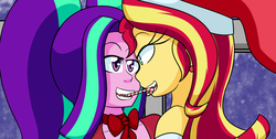 Size: 1260x634 | Tagged: safe, artist:jake heritagu, aria blaze, sunset shimmer, comic:aria's archives, series:sciset diary, equestria girls, g4, candy, candy cane, christmas, clothes, female, food, hat, holiday, lesbian, santa hat, shipping, sunblaze