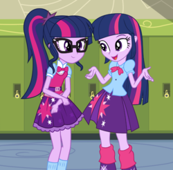 Size: 772x760 | Tagged: safe, artist:3d4d, artist:frownfactory, artist:illumnious, artist:knightwolf09, sci-twi, twilight sparkle, equestria girls, g4, canterlot high, clothes, cute, duality, glasses, hallway, leg warmers, lockers, open mouth, pleated skirt, ponytail, self paradox, skirt, smiling, socks, twilight sparkle (alicorn), twolight
