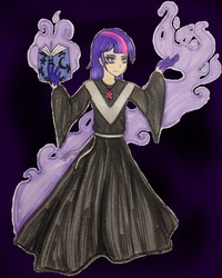 Size: 502x626 | Tagged: safe, artist:metalamethyst, twilight sparkle, human, g4, aura, book, clothes, colored background, dark magic, eyeshadow, female, g5 concept leaks, headcanon, humanized, jewelry, magic, makeup, necklace, robe, solo, sorceress, traditional art, twilight sparkle (g5 concept leak)