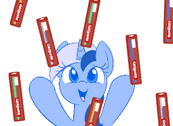 Size: 500x364 | Tagged: safe, artist:acersiii, minuette, pony, unicorn, g4, animated, brushie, colgate (company), cute, excited, female, gif, minubetes, open mouth, rain, simple background, smiling, solo, that pony sure does love toothbrushes, this will end in brushie, toothbrush, white background
