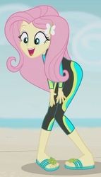Size: 1204x2100 | Tagged: safe, screencap, fluttershy, aww... baby turtles, equestria girls, g4, my little pony equestria girls: better together, adorasexy, beach, cropped, curvy, cute, feet, female, flip-flops, fluttershy's wetsuit, hands on knees, happy, open mouth, sandals, sexy, shyabetes, solo, wetsuit