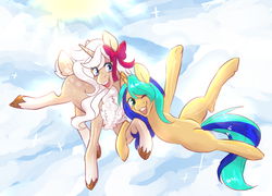 Size: 3498x2525 | Tagged: safe, artist:spazzyhippie, oc, oc only, pony, unicorn, bow, cloud, digital art, duo, female, hair bow, happy, high res, mare, open mouth, sky, ych result