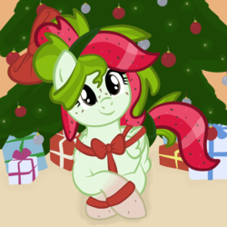 Size: 2100x2100 | Tagged: safe, artist:lannielona, oc, oc only, oc:watermelana, pegasus, pony, christmas, christmas tree, digital art, female, folded wings, freckles, gift wrapped, gradient hooves, high res, holiday, looking at you, mare, present, ribbon, show accurate, smiling, tree, wings, ych result