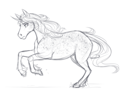 Size: 2944x2295 | Tagged: safe, artist:askbubblelee, oc, oc only, oc:bubble lee, horse, pony, unicorn, female, high res, lineart, monochrome, rearing, simple background, sketch, solo, trotting