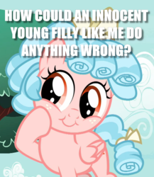 Size: 771x889 | Tagged: safe, edit, edited screencap, screencap, cozy glow, pegasus, pony, g4, blatant lies, caption, cozybetes, cute, evil, female, filly, image macro, pure concentrated unfiltered evil of the utmost potency, pure unfiltered evil, solo, text