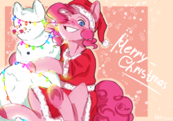 Size: 7854x5511 | Tagged: safe, artist:keursh29, pinkie pie, earth pony, pony, g4, absurd resolution, candy, candy cane, christmas, christmas lights, colored hooves, female, food, hat, holiday, one eye closed, santa hat, smiling, snowpony, solo, wink