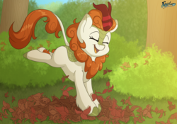 Size: 5000x3500 | Tagged: safe, artist:fluffyxai, autumn blaze, kirin, sounds of silence, autumn, autumn leaves, awwtumn blaze, bush, commission, cute, female, forest, jumping, laughing, leaping, leaves, prancing, smiling, solo, tree