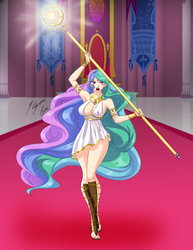Size: 2153x2786 | Tagged: safe, alternate version, artist:shinta-girl, princess celestia, human, g4, armpits, breasts, cleavage, clothes, dress, feet, female, high res, humanized, magic, sandals, scepter, solo