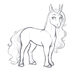 Size: 2166x2127 | Tagged: safe, artist:askbubblelee, oc, oc only, oc:bubble lee, horse, pony, unicorn, curved horn, female, high res, horn, mare, monochrome, simple background, sketch, smiling, solo, unshorn fetlocks, white background