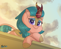 Size: 5000x4000 | Tagged: safe, artist:fluffyxai, somnambula, kirin, g4, sounds of silence, bedroom eyes, cloud, grin, horn, horn jewelry, jewelry, kirin-ified, lying down, resting, sky, smiling, species swap, sunset