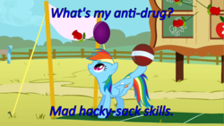 Size: 640x360 | Tagged: safe, edit, edited screencap, screencap, rainbow dash, pony, fall weather friends, g4, ball, caption, cards against humanity, female, flower, image macro, raised leg, rose, smiling, solo, text