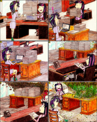 Size: 1836x2294 | Tagged: safe, artist:meiyeezhu, starlight glimmer, twilight sparkle, human, book, boss, burning, clothes, comic, computer, desk, fire, fishnets, frustrated, green fire, high heels, horned humanization, humanized, inferno, laptop computer, office, office chair, old master q, pantyhose, paper, paperwork, phone, printer, question mark, rage quit, shocked, shoes, skirt, smoke, stack, stockings, suit, surprised, thigh highs, working