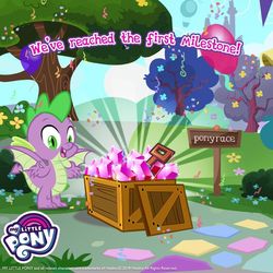 Size: 1080x1080 | Tagged: safe, gameloft, spike, dragon, g4, official, balloon, crate, gem, male, milestone, my little pony logo, solo, winged spike, wings