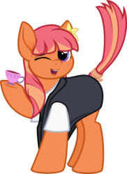 Size: 875x1200 | Tagged: safe, artist:binkyt11, derpibooru exclusive, oc, oc only, oc:star anrise, earth pony, pony, 2019 community collab, derpibooru community collaboration, .svg available, clothes, cup, cute, flower, flower in hair, food, inkscape, looking at you, ocbetes, one eye closed, simple background, solo, svg, tail wrap, tea, teacup, transparent background, vector, wink