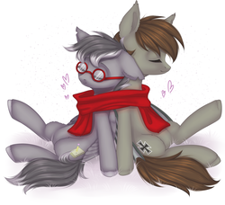 Size: 2445x2232 | Tagged: safe, artist:avrameow, oc, oc only, oc:zenfox, unnamed oc, earth pony, pegasus, pony, clothes, digital art, duo, eyes closed, glasses, high res, male, scarf, shared clothing, shared scarf, sitting, sleeping, stallion, ych result