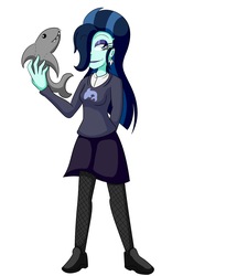 Size: 1800x2200 | Tagged: safe, artist:jake heritagu, oc, oc only, oc:dolly dusk, shark, comic:aria's archives, equestria girls, g4, clothes, doll, eyeshadow, goth, hair over one eye, makeup, offspring, older, parent:chancellor neighsay, parent:sonata dusk, plushie, shark plushie, simple background, smiling, solo, toy, white background