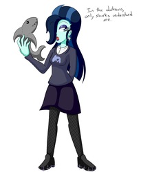 Size: 1800x2200 | Tagged: safe, artist:jake heritagu, oc, oc only, oc:dolly dusk, shark, comic:aria's archives, equestria girls, g4, clothes, eyeshadow, goth, hair over one eye, makeup, offspring, older, parent:chancellor neighsay, parent:sonata dusk, plushie, shark plushie, simple background, skirt, solo, white background