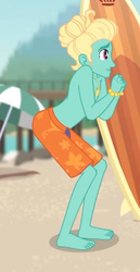 Size: 206x398 | Tagged: safe, screencap, gladys, zephyr breeze, human, blue crushed, equestria girls, equestria girls series, g4, ankles, arms, bare arms, barefoot, clothes, feet, legs, male, male feet, manbun, partial nudity, shorts, solo, surfboard, swimming trunks, toes, topless, zephyr's necklace