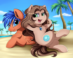 Size: 3030x2400 | Tagged: safe, artist:pridark, oc, oc only, oc:sherbet, oc:sky wave, earth pony, pegasus, pony, arm behind head, beach, commission, duo, female, high res, lidded eyes, male, mare, ocean, open mouth, palm tree, sand, smiling, stallion, tree