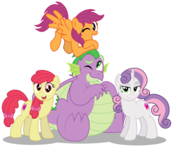 Size: 5938x5025 | Tagged: safe, artist:aleximusprime, apple bloom, scootaloo, spike, sweetie belle, dragon, earth pony, pegasus, pony, unicorn, flurry heart's story, g4, absurd resolution, adult, adult spike, bhm, cute, cutie mark crusaders, fat, fat spike, female, flying, grown ups, leaning, looking at you, male, mare, older, older apple bloom, older cmc, older scootaloo, older spike, older sweetie belle, one eye closed, plump, show accurate, simple background, smiling, transparent background, vector, winged spike, wings