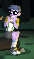 Size: 357x620 | Tagged: safe, screencap, micro chips, timber spruce, equestria girls, g4, my little pony equestria girls: legend of everfree, camp everfree outfits, clothes, converse, cropped, glasses, legs, male, offscreen character, scared, shoes, shorts, sneakers, socks, solo focus