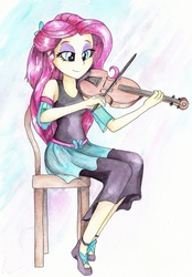 Size: 1066x1530 | Tagged: safe, artist:astevenamedwolf, fluttershy, equestria girls, g4, chair, clothes, female, lidded eyes, musical instrument, simple background, sitting, smiling, solo, traditional art, violin