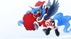 Size: 2000x1107 | Tagged: safe, artist:ncmares, princess luna, alicorn, pony, g4, boots, christmas, clothes, constellation, costume, cute, dress, female, gift bag, hat, holiday, lunabetes, mare, mouth hold, santa costume, santa hat, santa sack, shoes, socks, solo, striped socks, thigh highs, wings