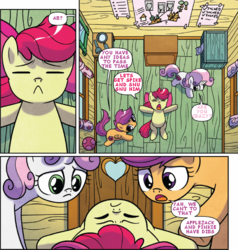 Size: 530x556 | Tagged: safe, artist:agnesgarbowska, edit, idw, official comic, apple bloom, scootaloo, sweetie belle, earth pony, pegasus, pony, unicorn, g4, comic, cutie mark crusaders, female, filly, implied applespike, implied foalcon, implied pinkiespike, implied sex, implied shipping, implied straight, innuendo, male, ship:applespike, ship:pinkiespike, ship:spikebloom, shipping, straight, text edit
