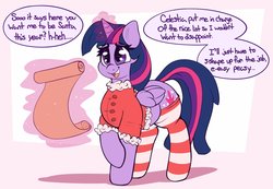 Size: 2353x1632 | Tagged: safe, artist:graphenescloset, twilight sparkle, alicorn, pony, series:twily christmas drive, g4, abstract background, clothes, cute, dialogue, female, glowing horn, horn, incentive drive, levitation, magic, scroll, smiling, socks, solo, striped socks, telekinesis, thigh highs, this will end in weight gain, twiabetes, twilight sparkle (alicorn), weight gain sequence